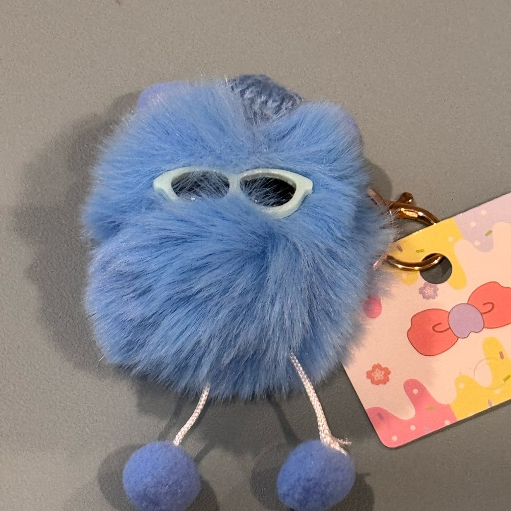 Bag Charm Blue Fluffy Pom Pom Plush with Sunglasses Keychain